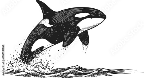 Orca whale breaching ocean waves, black and white marine mammal jumping from sea water splash