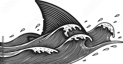 Shark fin cutting through ocean waves with splashes in black and white woodcut