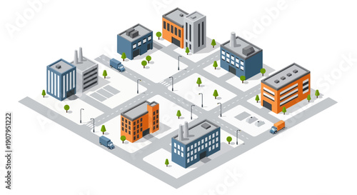 Isometric illustration of a modern industrial district with factories and vehicles on a grid street layout