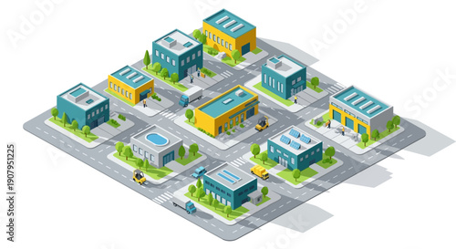 An isometric view of a commercial district with various buildings, vehicles, and streetlights, showcasing a bustling urban environment