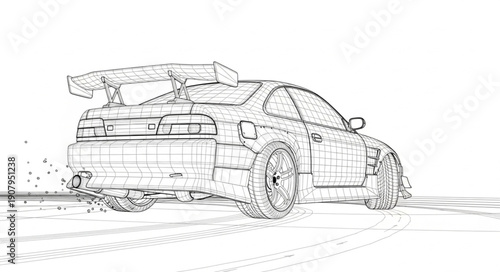Race Car Sketch with Spoiler and Tire Tracks.