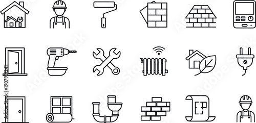 Construction and home repair line icon set vector with building tools, renovation, maintenance, energy, plumbing symbols
