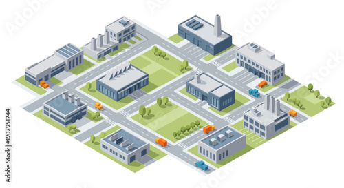 An isometric view of an urban industrial district with factories, offices, and roads, showcasing modern city development and commercial infrastructure