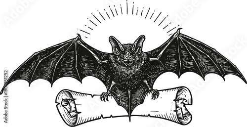 Illustration of bat with outstretched wings holding an ancient scroll, vintage mystical design