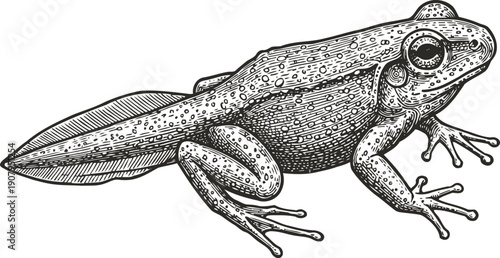 Detailed black and white illustration of a frog in side profile with visible skin texture and limbs