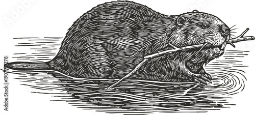 Beaver swimming in water with stick in mouth engraved wild animal gnawing wood illustration
