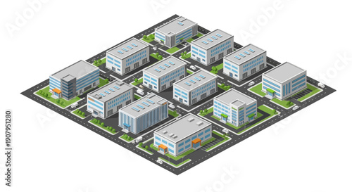 Isometric view of a modern business district with office buildings and roads, showcasing urban development and corporate infrastructure
