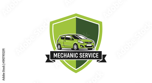 Automotive Mechanic Service Logo with Green Car and Shield Design.