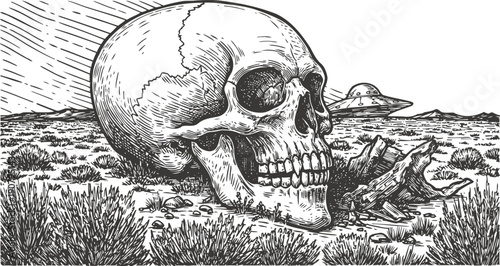 Large human skull in desert landscape with barren plants and distant spaceship flying over horizon