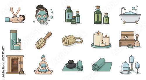 Spa and Wellness Treatment Color Line Icons Set