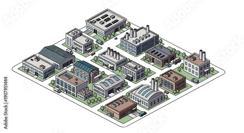 Isometric view of a bustling industrial district with various factories and warehouses, showcasing a modern urban landscape