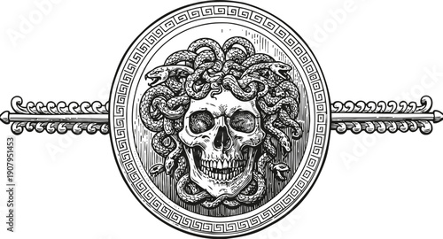 Medusa skull with snake hair in ancient circular frame, detailed mythological symbol