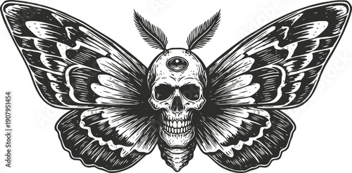Detailed black and white illustration of a moth with a skull on its thorax and an eye on its forehead