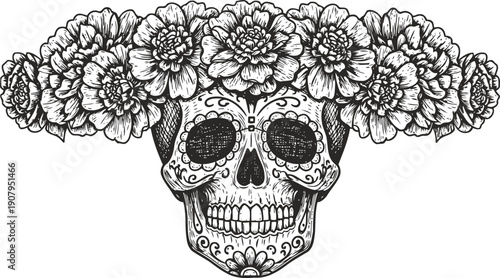 Detailed sugar skull adorned with marigold flowers in day of the dead floral wreath