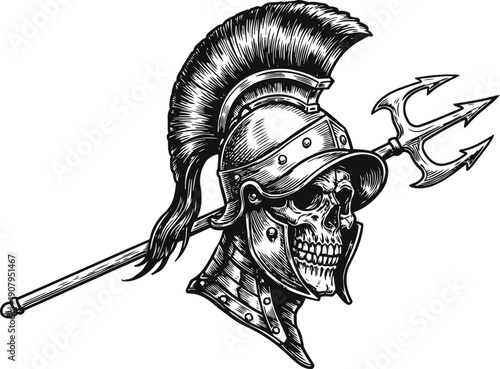 skull wearing ancient roman gladiator helmet holding trident weapon detailed black and white illustration