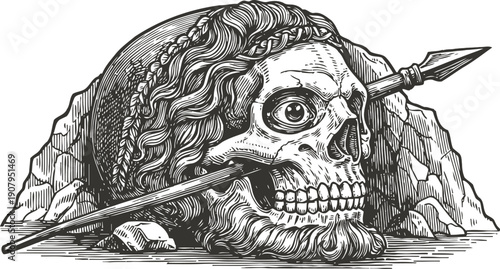 Skull pierced with spear lying on rocky ground detailed black and white vintage engraving of ancient warrior's head