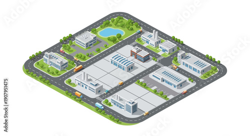 Modern Industrial Park with Buildings, Roads, Cars, and Green Spaces in a Clean and Organized Layout