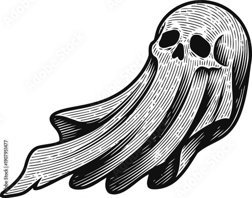 Haunted ghost with skull face illustration spooky supernatural spirit floating dark eerie horror design