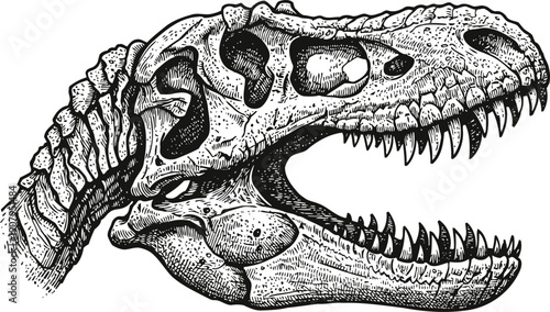 Detailed tyrannosaurus rex skull illustration with open jaws and sharp teeth