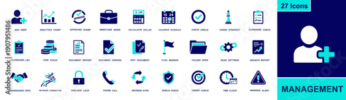 Management icon set. Containing add user, analytics, calendar, checklist, reports, settings, document, target, shield, lock, handshake, phone and more. Solid fill vector icon collection