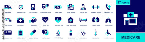 Medicare icon set. Containing ambulance, clinic, doctor, approved claim, first aid, glucose meter, ECG, oxygen tank, stethoscope, wheelchair, medicine and more. Solid fill icons collection