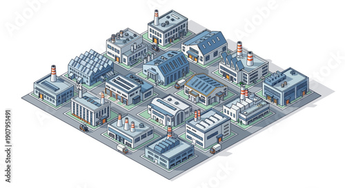 Isometric industrial buildings collection featuring factories, warehouses, and manufacturing plants with varying architectural styles