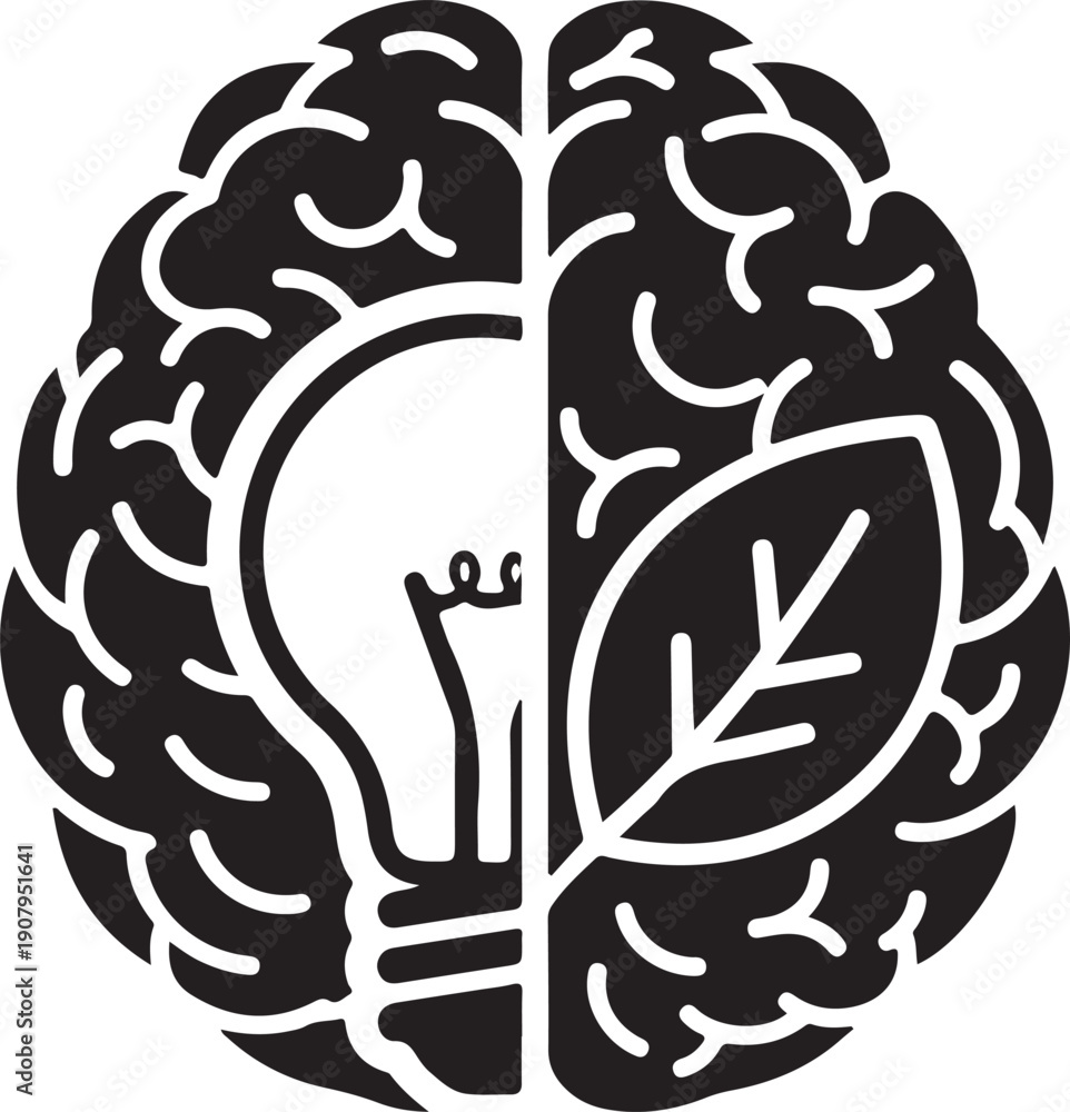 Fototapeta premium Black and white brain with lightbulb and leaf halves idea innovation des