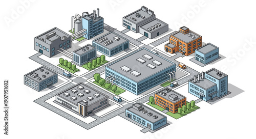 Isometric illustration of a modern industrial park with administrative buildings and factories connected by roads