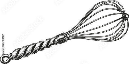 Vintage hand drawn wire whisk kitchen utensil with twisted handle illustration