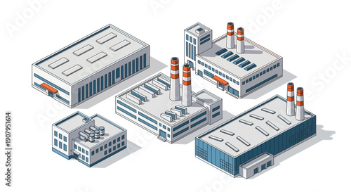 Isometric factory buildings with chimneys, representing industrial production and manufacturing facilities