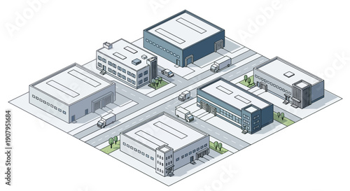 An isometric view of a suburban commercial district with industrial buildings, vehicles, and streets