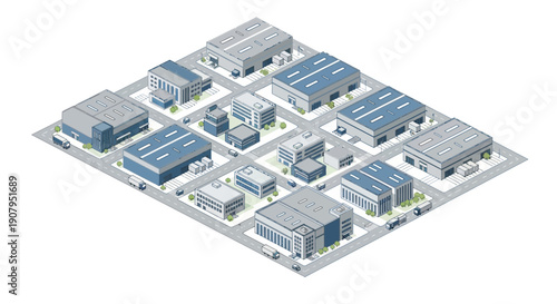 Isometric view of an industrial park with warehouses, factories, and office buildings