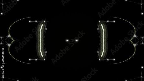 A symmetrical pattern of interconnected lines and dots forming geometric shapes on a black background