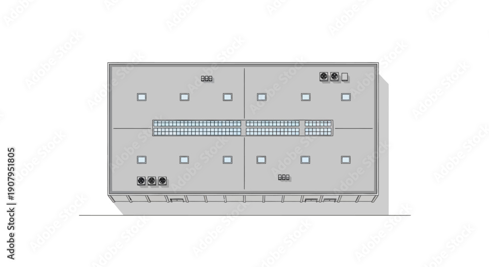 Obraz premium Top-down architectural blueprint of a modern office building featuring a central skylight and modular office spaces within a symmetrical layout