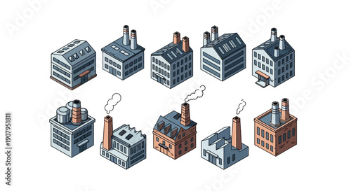 Collection of isometric factory buildings with chimneys emitting smoke, representing industrial sites and manufacturing plants