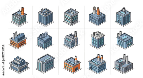 Isometric industrial buildings and factories collection, representing manufacturing, production, and urban industrial structures