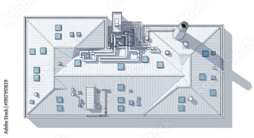 Aerial view of a rooftop with various structures and windows, casting a long shadow