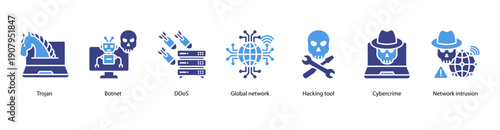 Cybercrime Attacks web banner illustration featuring Trojan, Botnet, DDoS, Global network, Hacking tool, Cybercrime, and Network intrusion.