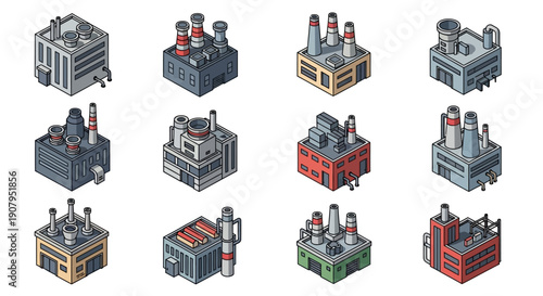 Set of isometric industrial factory building icons, perfect for urban planning and game design assets