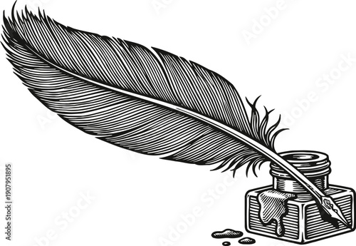 Vintage feather quill pen with ink bottle classic writing tool with spilled ink retro drawing and calligraphy concept