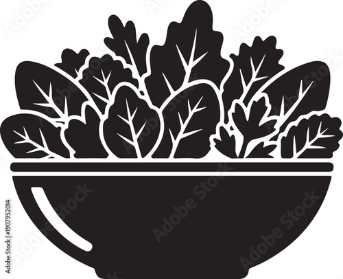 Black and white of a bowl filled with leafy greens salad lettuce spinach kale d