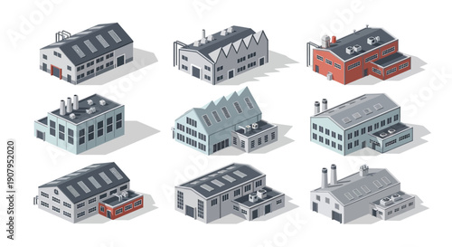 Collection of Isometric Industrial Buildings Depicting Various Factory Designs and Structures in a Modern Aesthetic
