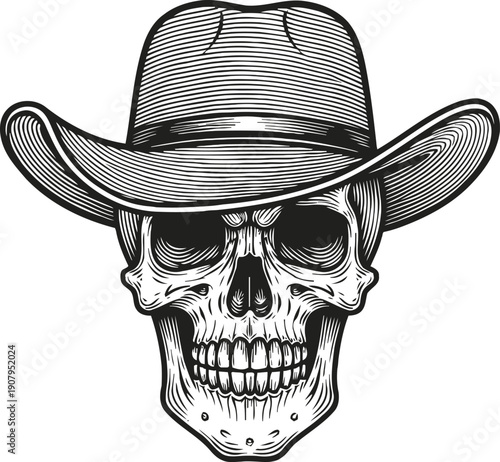 Detailed skull wearing a cowboy hat, vintage western illustration with bold linework and shading