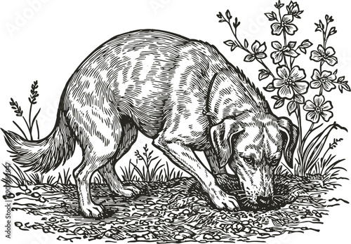 Dog sniffing ground outdoors black and white detailed engraving of pet tracking scent in nature