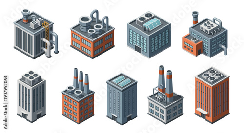 Collection of isometric industrial factory buildings for city building and industry themed designs