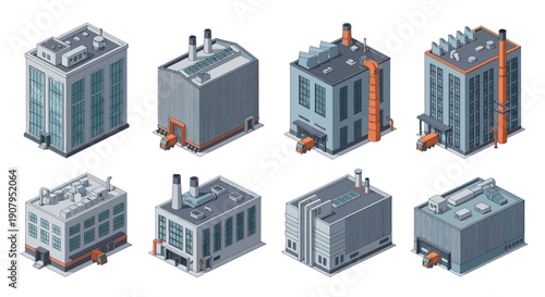 Isometric 3D rendered collection of industrial factory buildings and warehouses