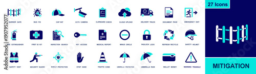 Mitigation icon set. Containing barrier gate, CCTV, fire extinguisher, first aid, inspection, shield, lock, helmet, warning triangle, emergency exit and more. Solid fill icons collection