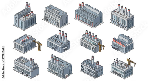 Collection of Isometric Industrial Buildings and Factory Structures