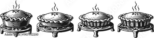 vintage hand drawn pies on stands with steam rising, classic baked dessert illustration