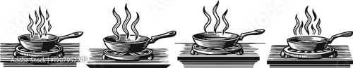 set of steaming frying pans on stove with heat waves cooking food illustration
